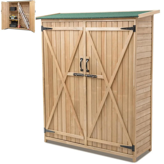 aleccur Wooden Garden Shed, Tool Storage Cabinet with 3 Shelves, Asphalt Sloped Roof