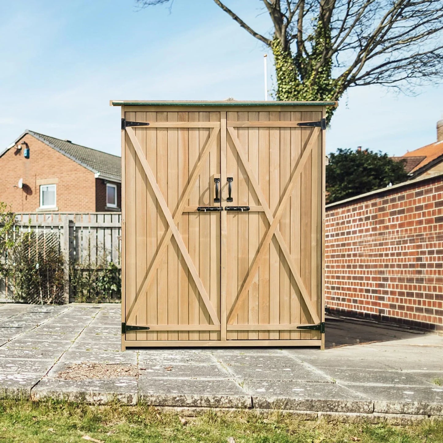 aleccur Wooden Garden Shed, Tool Storage Cabinet with 3 Shelves, Asphalt Sloped Roof