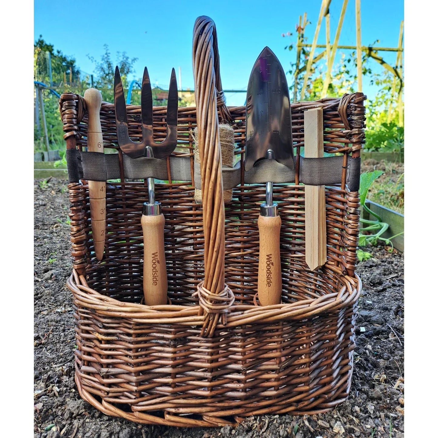 aleccur Willow Tool Basket/Trug with Garden Hand Tools Trowel/Fork/Dibber