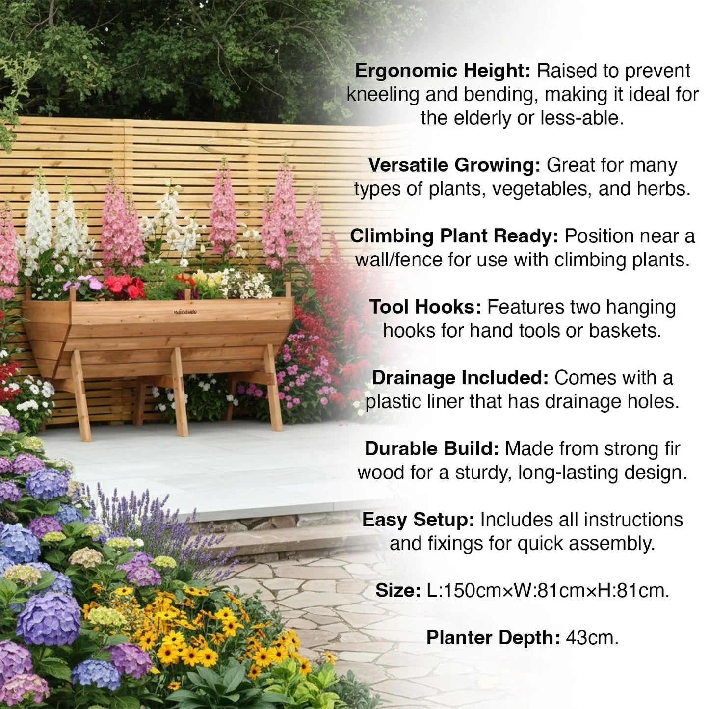 aleccur Raised Wooden Garden Bed Planter, Plants &amp; Vegetable/Herb Box, Large 150cm