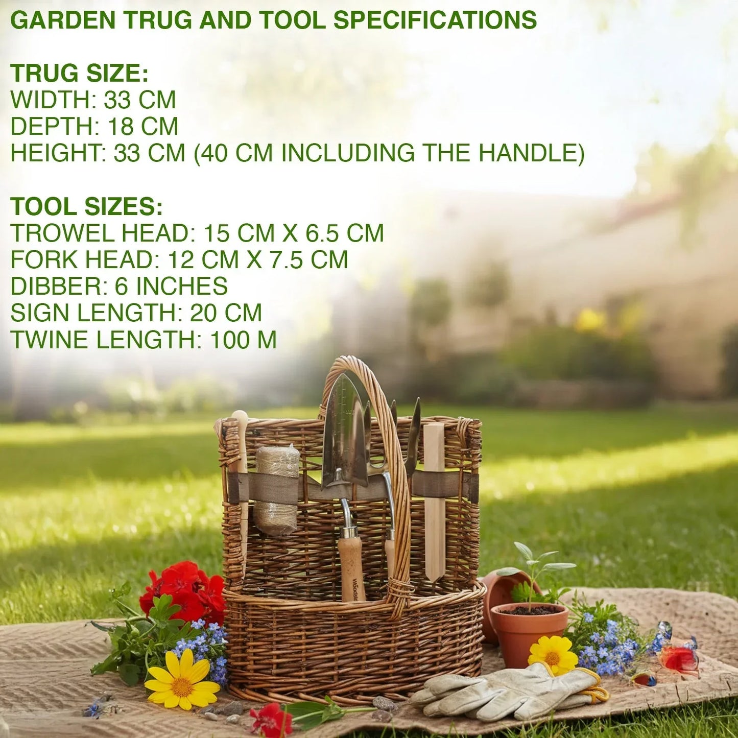 aleccur Willow Tool Basket/Trug with Garden Hand Tools Trowel/Fork/Dibber