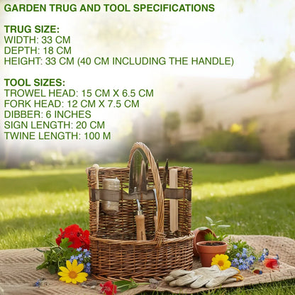 aleccur Willow Tool Basket/Trug with Garden Hand Tools Trowel/Fork/Dibber