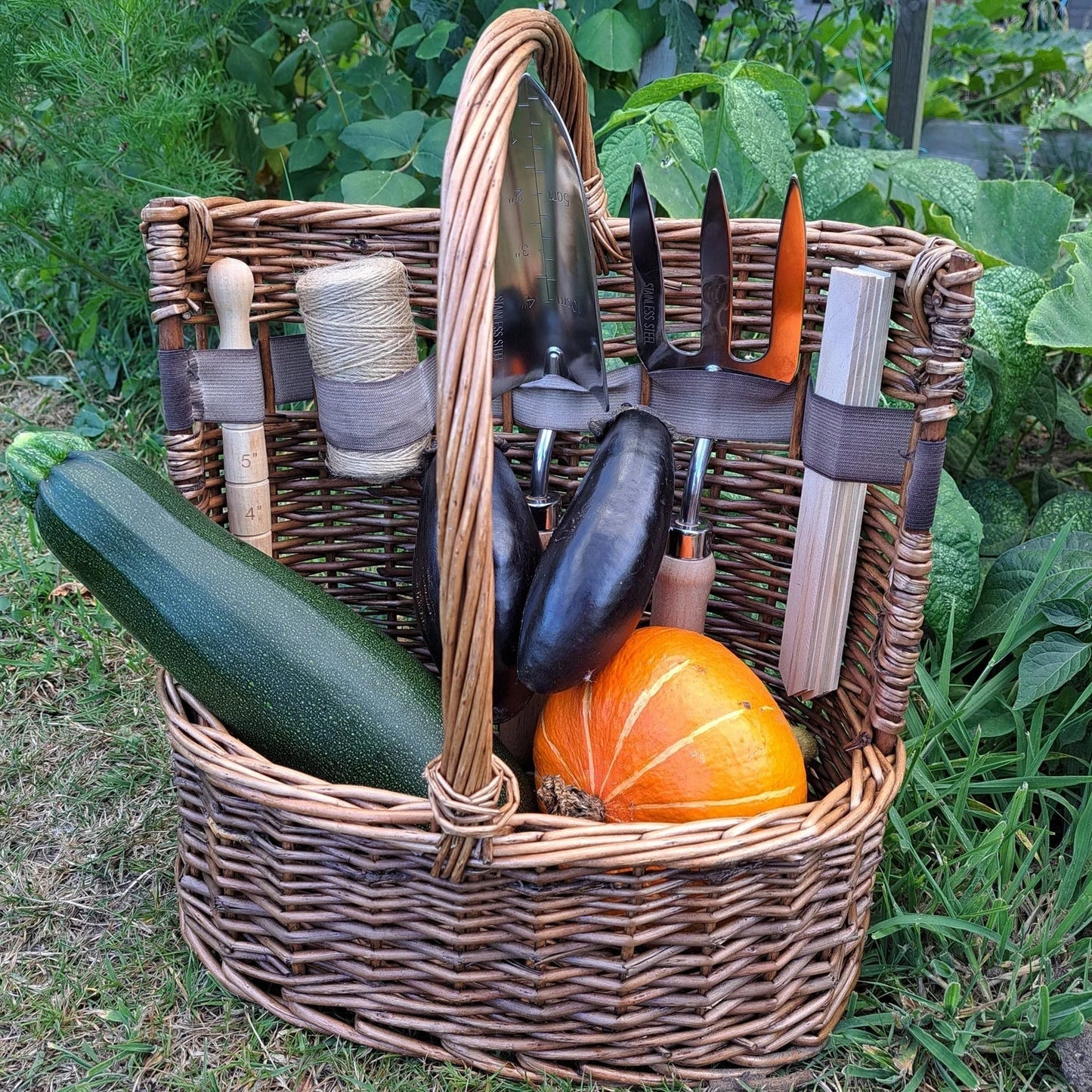aleccur Willow Tool Basket/Trug with Garden Hand Tools Trowel/Fork/Dibber
