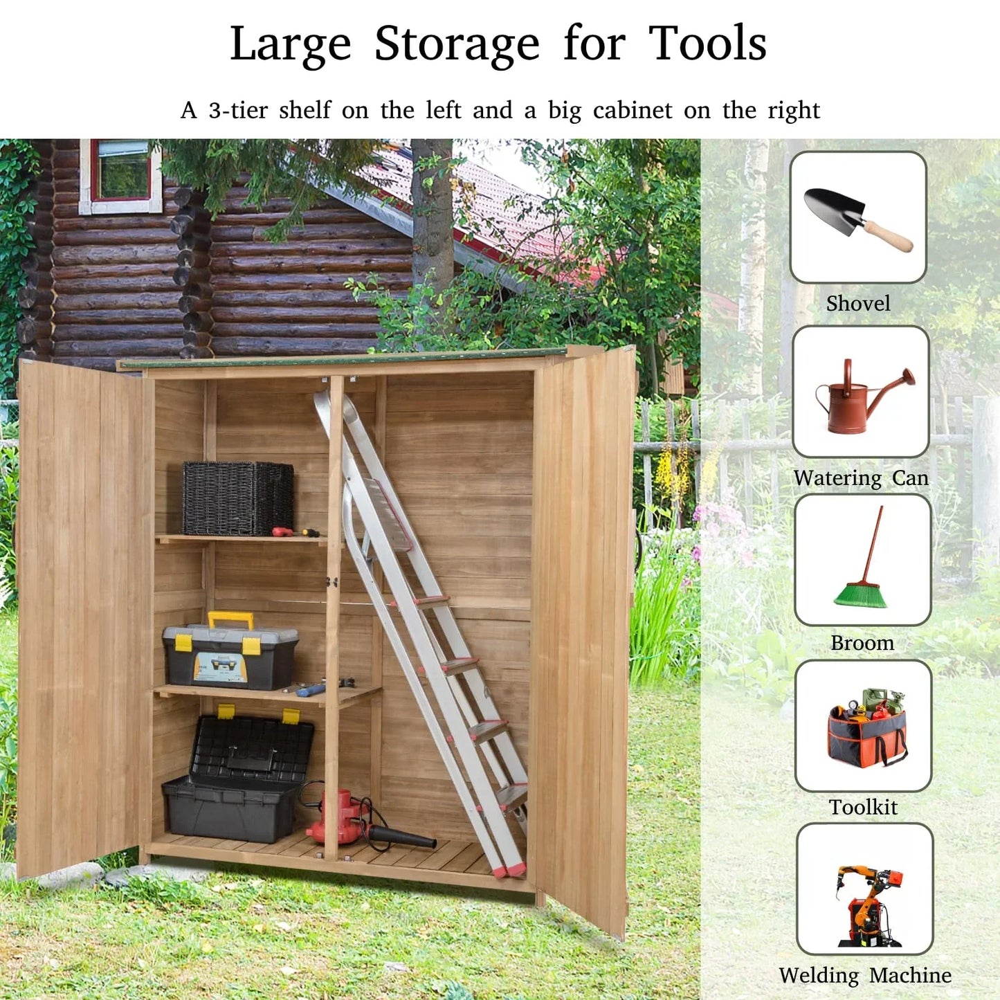 aleccur Wooden Garden Shed, Tool Storage Cabinet with 3 Shelves, Asphalt Sloped Roof