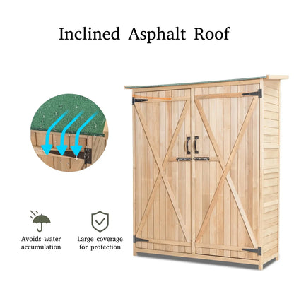 aleccur Wooden Garden Shed, Tool Storage Cabinet with 3 Shelves, Asphalt Sloped Roof