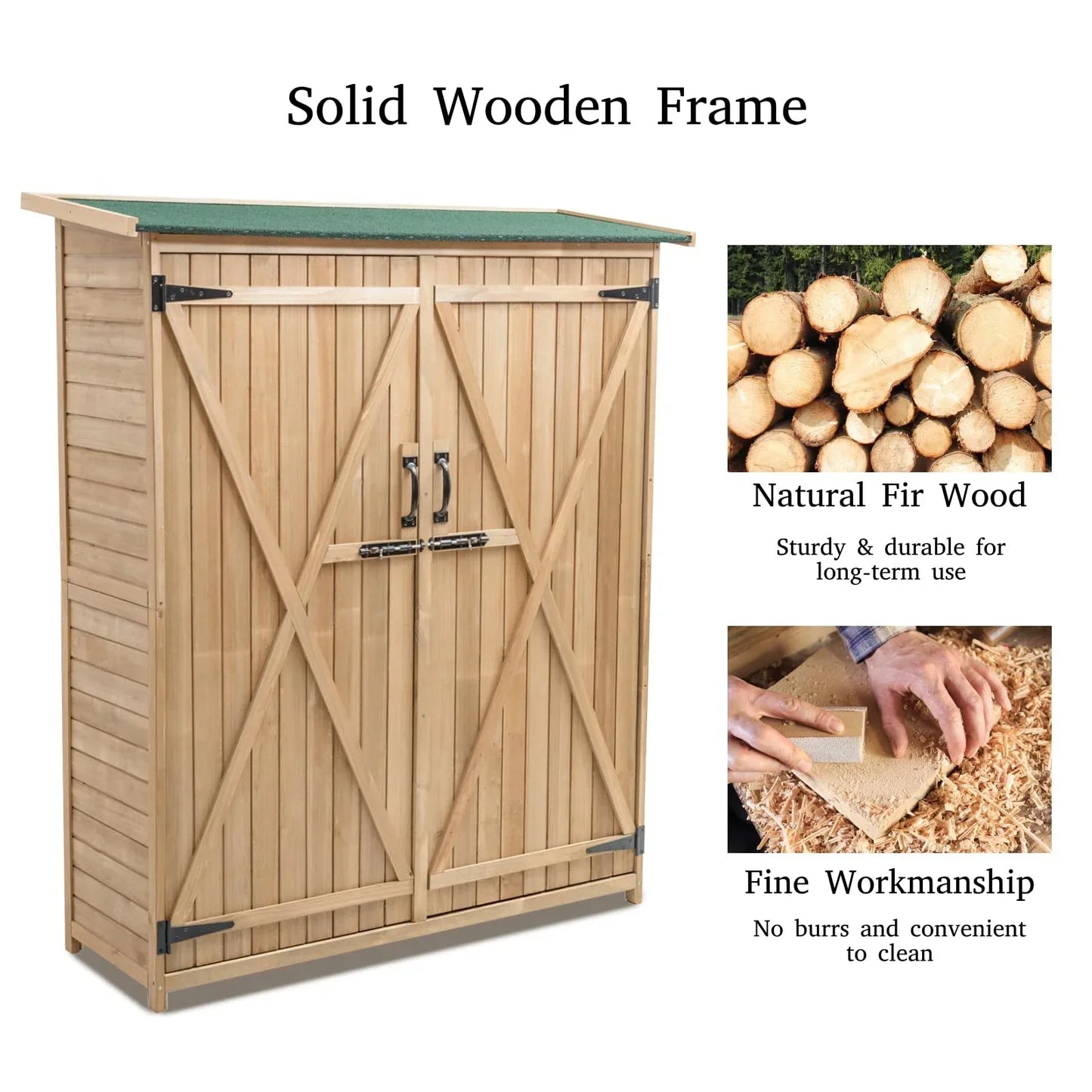 aleccur Wooden Garden Shed, Tool Storage Cabinet with 3 Shelves, Asphalt Sloped Roof