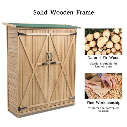 aleccur Wooden Garden Shed, Tool Storage Cabinet with 3 Shelves, Asphalt Sloped Roof